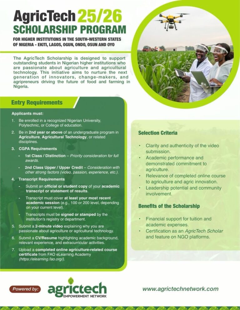 Call for Applications: AgriTech Undergraduate Scholarship 2026 for Nigerian Students (Fully Funded)